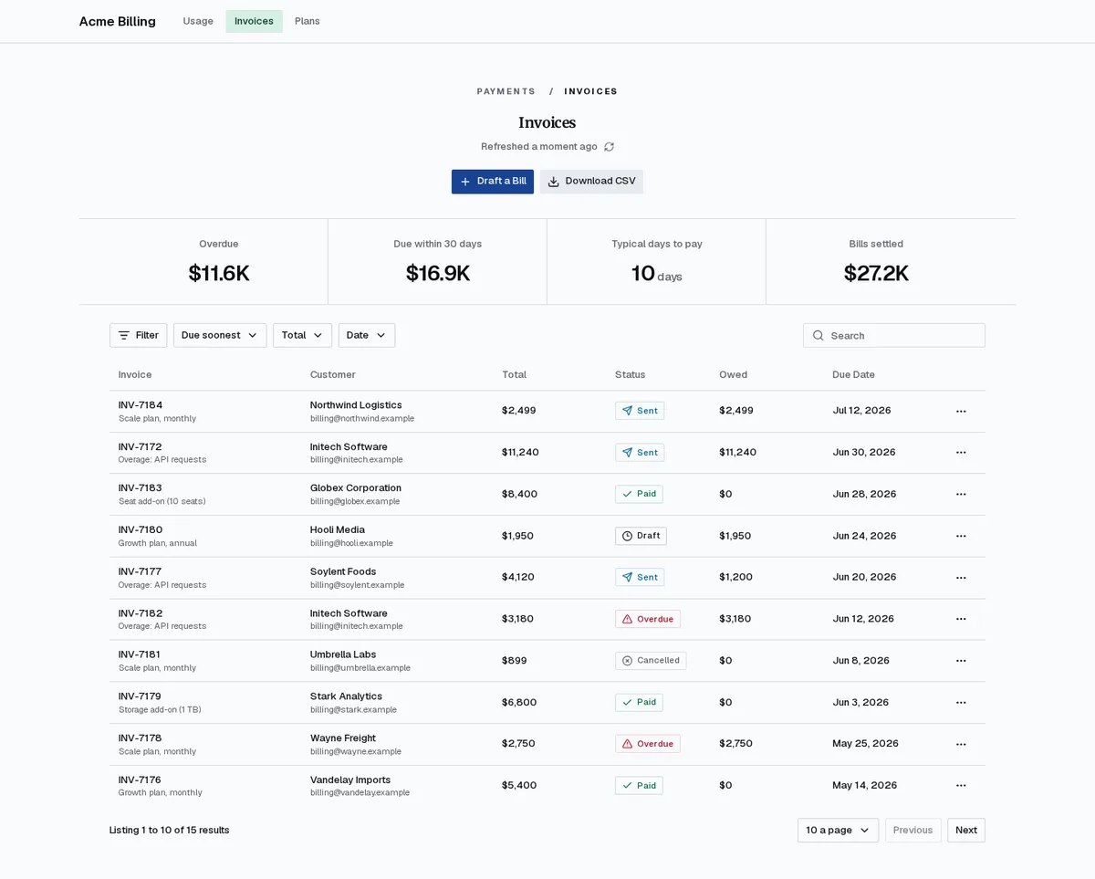 Invoices page built in the recorded run