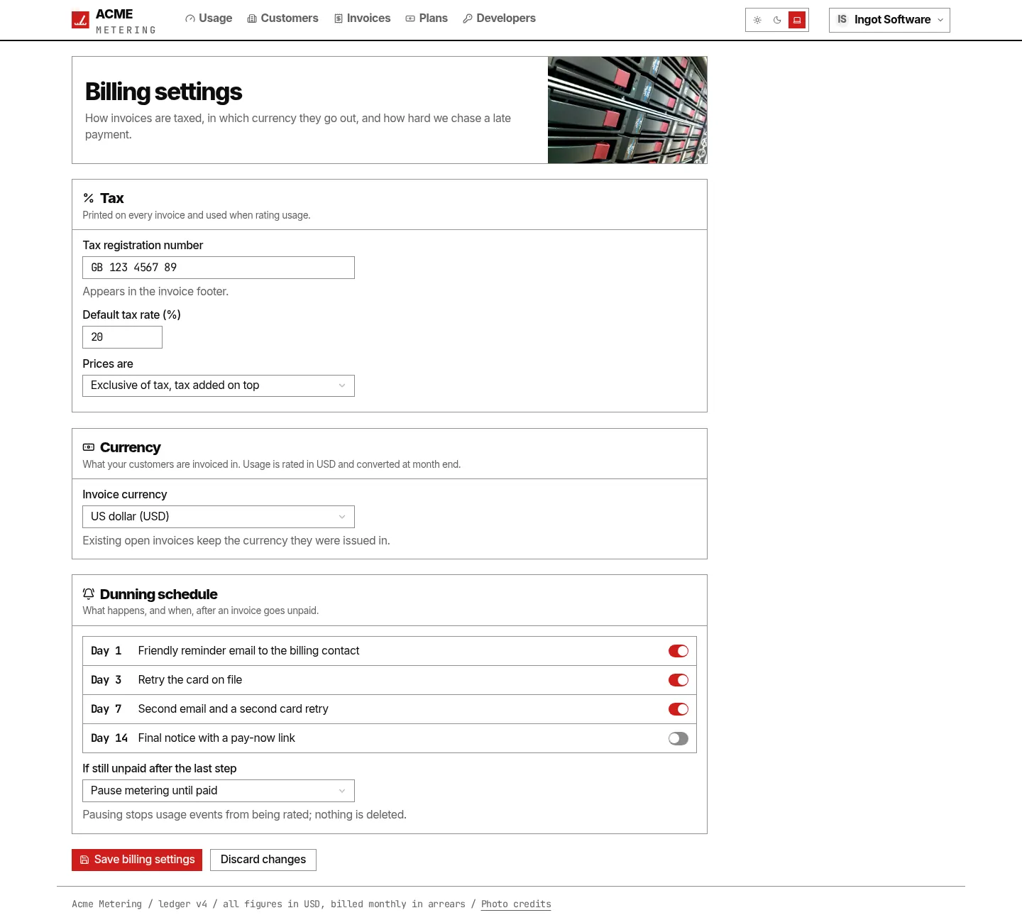 Acme Metering: billing settings