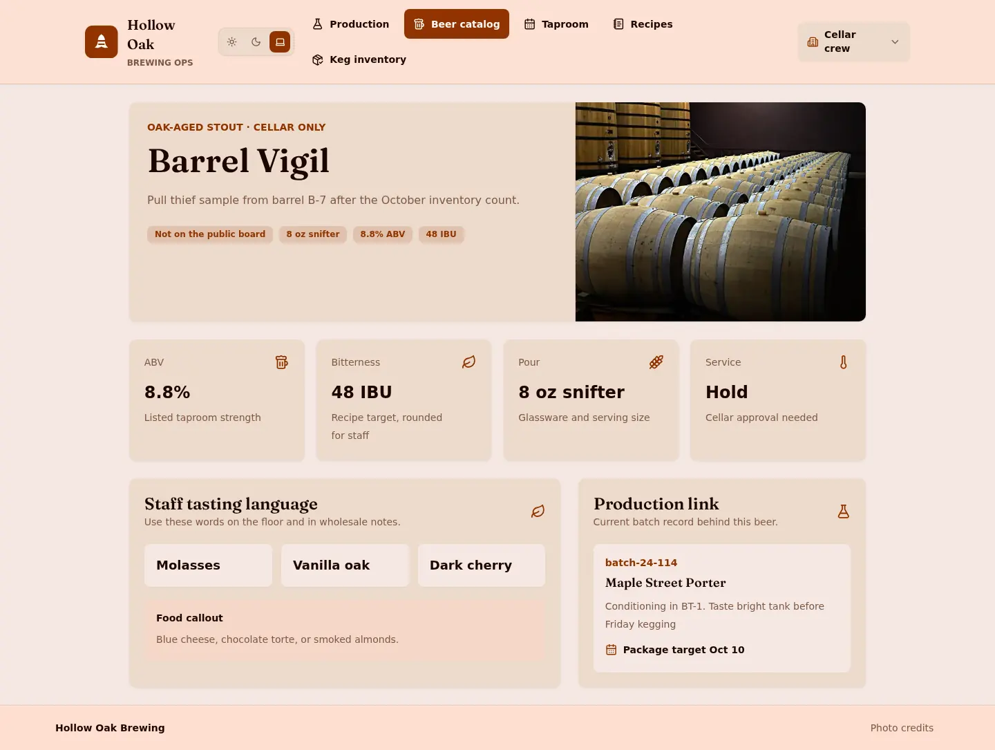 Hollow Oak Brewing: beer detail barrel vigil