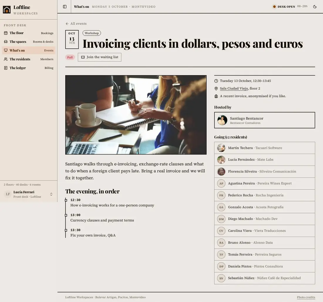 Loftline Workspaces: event detail