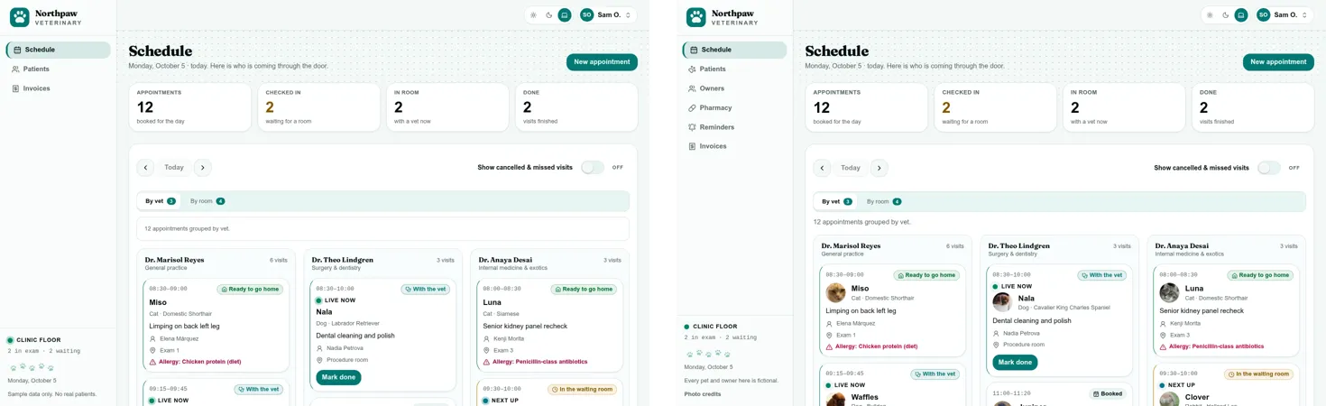 Northpaw Veterinary, before and after the real content pass